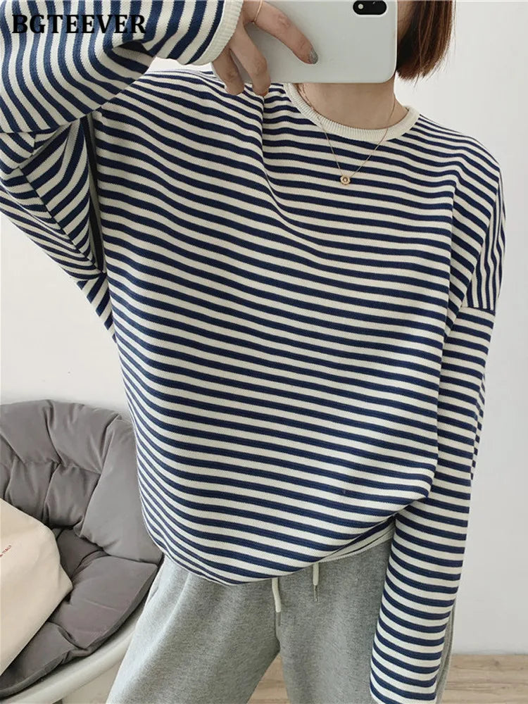 Autumn Casual Striped Long Sleeve Pullover - Women Knitted Cotton