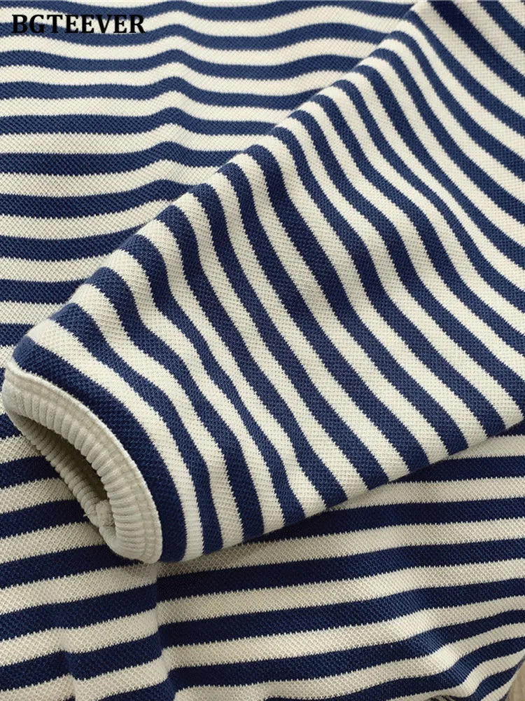 Autumn Casual Striped Long Sleeve Pullover - Women Knitted Cotton