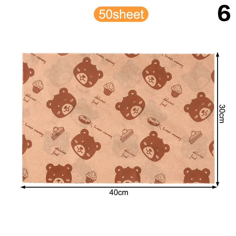 50pcs Sandwich Packaging Paper Cartoon Coated Wrapping Disposable Household Oil-proof Chicken Roll Breakfast Baking Kitchen Tool