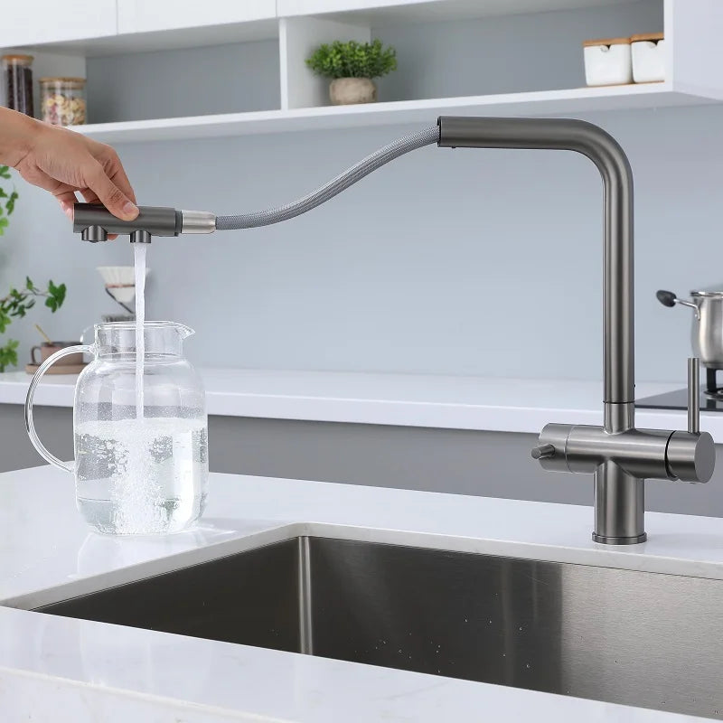 Stainless Steel Kitchen Sink Faucet- Pull Down Sprayer 2 Handle - Filter Purifier Faucet Dual Sprayer for Drinking