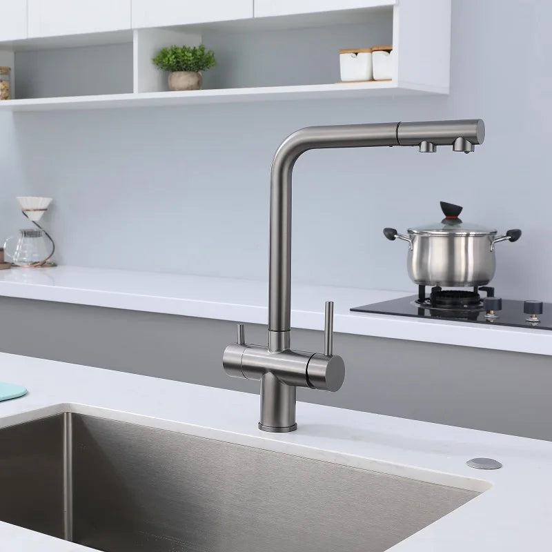 Stainless Steel Kitchen Sink Faucet- Pull Down Sprayer 2 Handle - Filter Purifier Faucet Dual Sprayer for Drinking